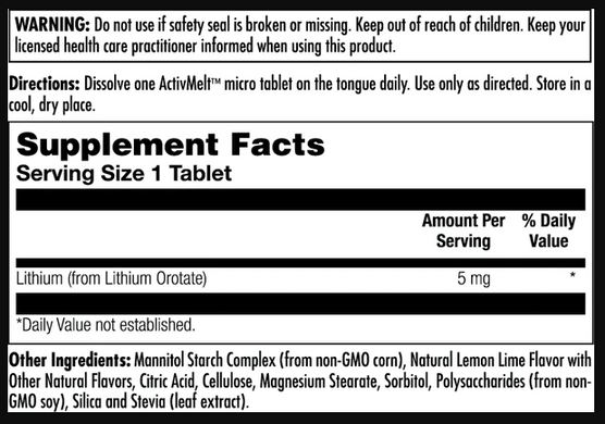 Lithium Orotate 5mg - 90 tabs Lemon Lime