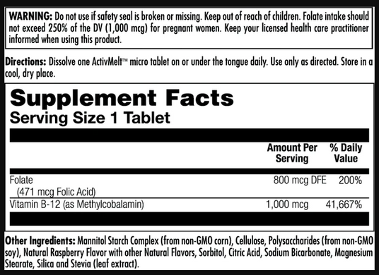 Folic Acid Methyl B-12 800mcg - 60 tabs Raspberry