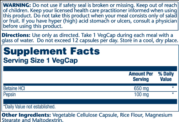 High Potency Betain HCl with Pepsin 650mg - 100 vcaps